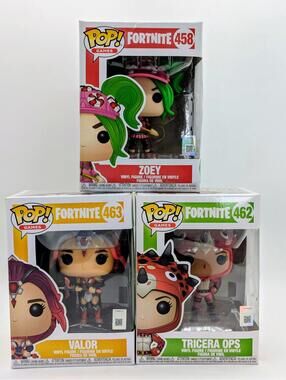 Funko Pop! Fortnite Zoey #458 Tricera Ops #462 Valor #463 Battle Royale Figures